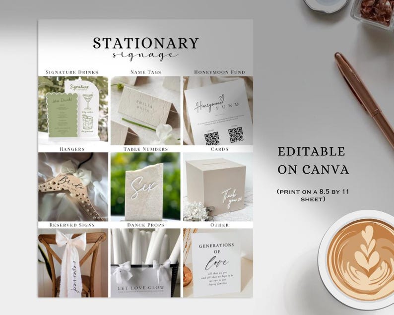 May include: A collage of wedding stationery items, including signs, name tags, and cards. The text "STATIONARY signage" is at the top. The words "EDITABLE ON CANVA" are also visible. The items are arranged on a white surface.