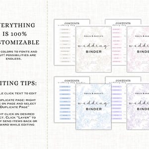 May include: A collection of customizable wedding binders with floral designs. The binders feature the text "Amaya & Austin's Wedding Binder" and include content pages. The image also includes editing tips and the text "Everything is 100% Customizable".