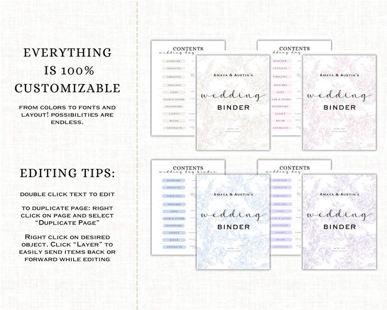 May include: A collection of customizable wedding binders with floral designs. The binders feature the text "Amaya & Austin's Wedding Binder" and include content pages. The image also includes editing tips and the text "Everything is 100% Customizable".