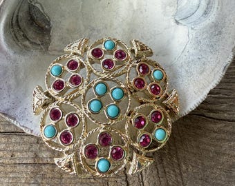 Sarah Coventry Brooch Vintage Gold Tone With Colored 