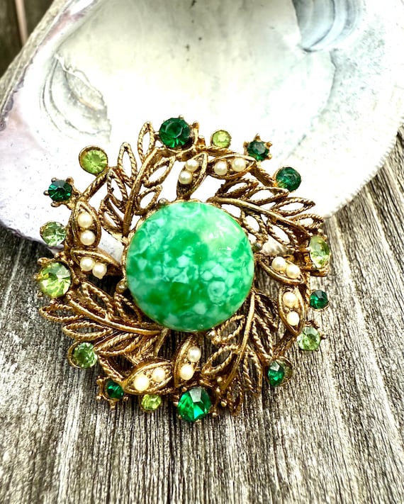 Broche Ancienne En Argent Avec Cabochon Pierre Verte - Occasion - Bijou Vintage