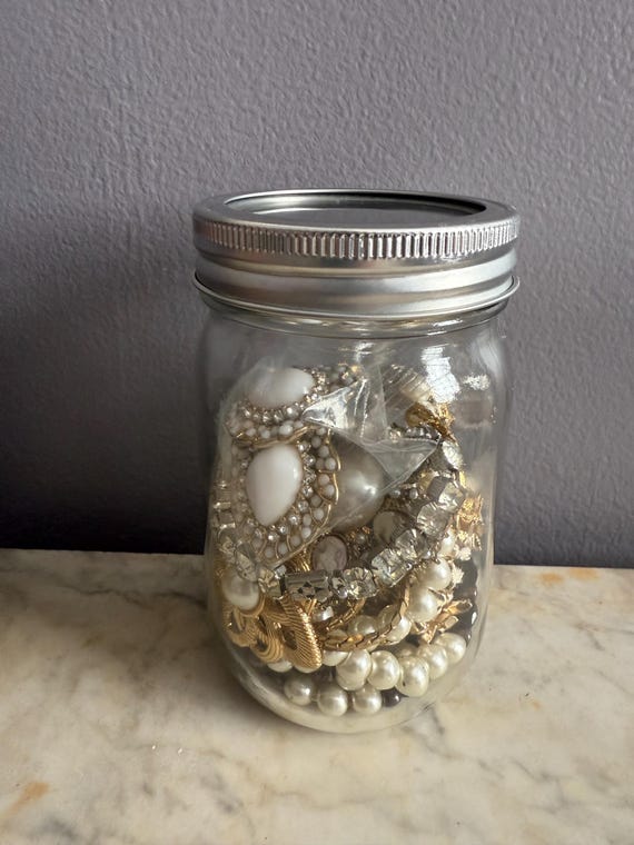 Jewelry Jar Mix of Vintage Jewelry Brooches, Necklaces, Bracelets, Earrings