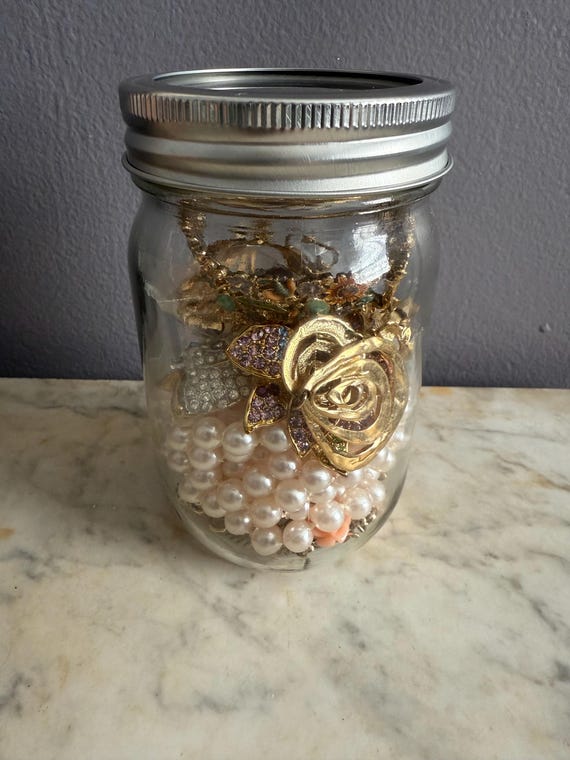 Jewelry Jar Mix of Vintage Jewelry Brooches, Necklaces, Bracelets, Earrings