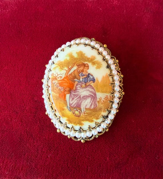 Vintage West Germany Porzellan Romantisches Paar Brosche | Perle Heiligenschein | Viktorianischen Revival Schmuck