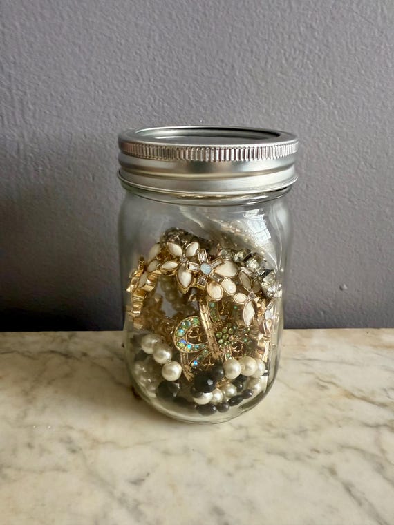 Jewelry Jar Mix of Vintage Jewelry Brooches, Necklaces, Bracelets, Earrings