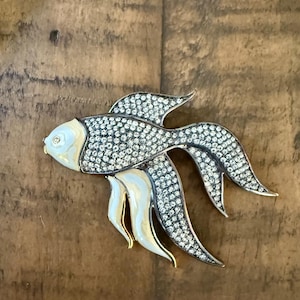 Vintage Fish Brooch Clear Rhinestones