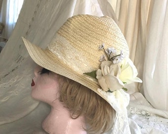 Lace Flapper Cloche Hat: Handmade Antique Style Taupe Floral  display picture 1