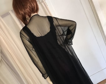 Vintage 1960s Sheer Black Duster: Flapper Style Nylon Robe, Size M