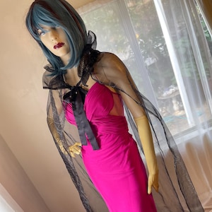 Sheer Black Organza Cobweb Cape: Goth Dracula Drapes with Train
