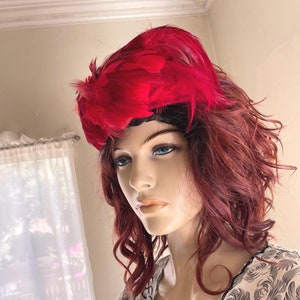 Vintage Authentic 1940s 1950s Red Feather Hat One Size Fits Most