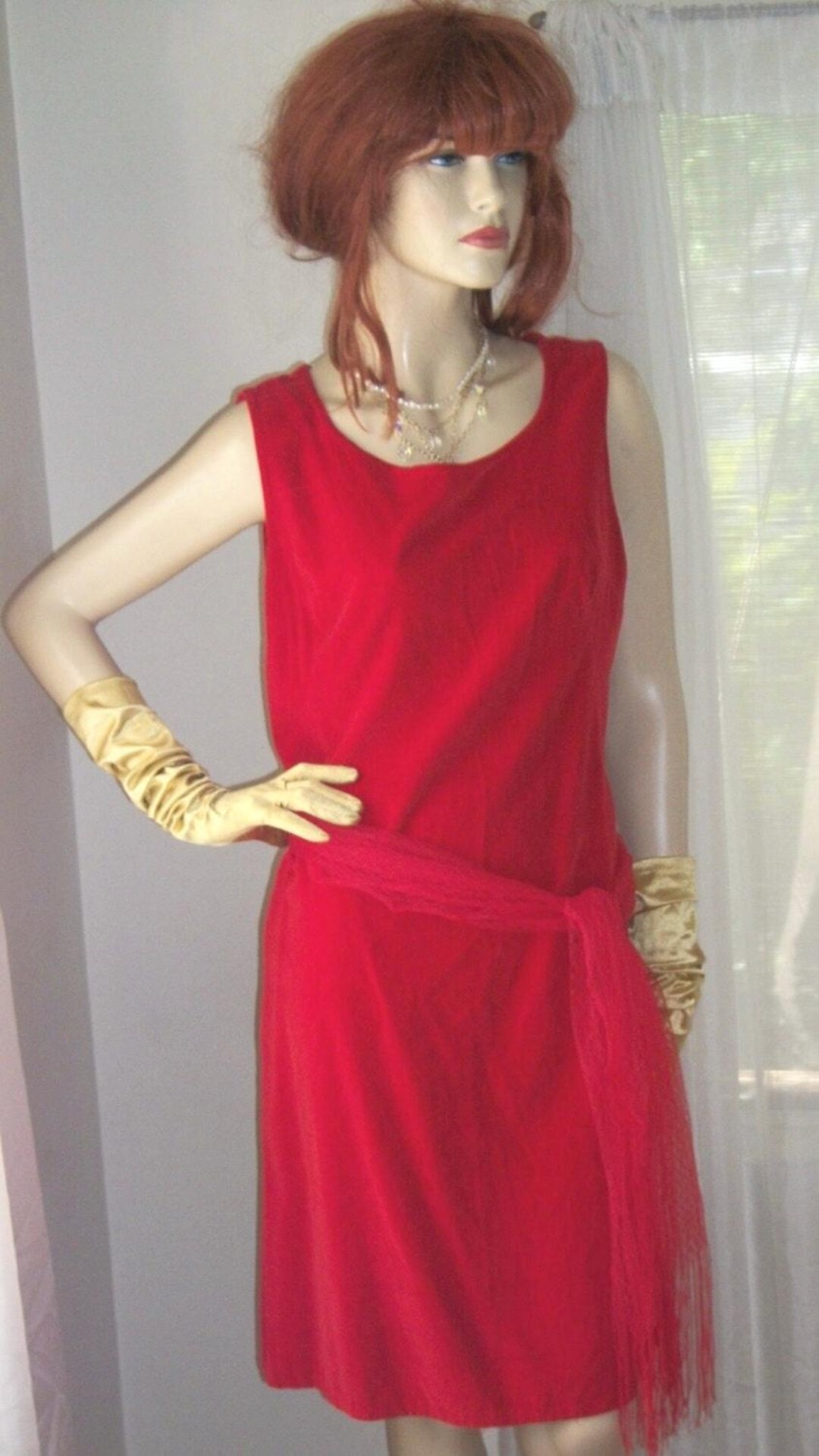 Vintage Ruby Red Velvet Flapper Frock Lacey Fringed Cobweb Sash Size M ...