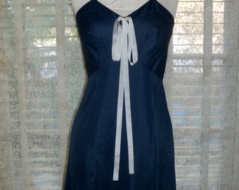 1950s Vintage Navy Blue Nylon Rockabilly Slip with Antique Ribbon Trim Size M Sears Label