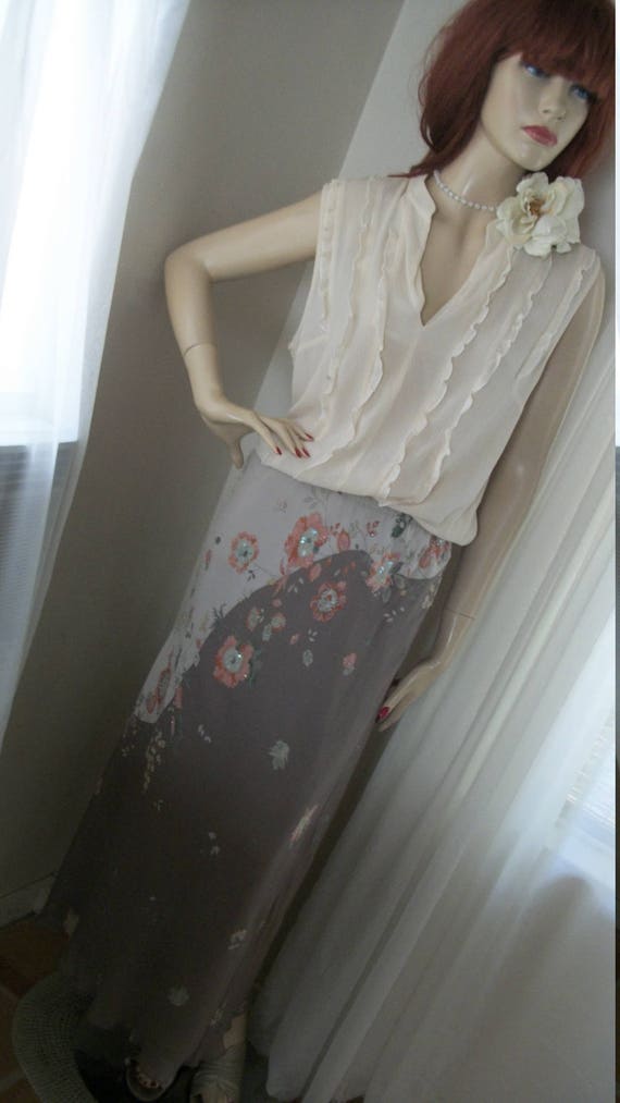 Vintage Edwardian Style Chiffon Floral Maxi Skirt… - image 4