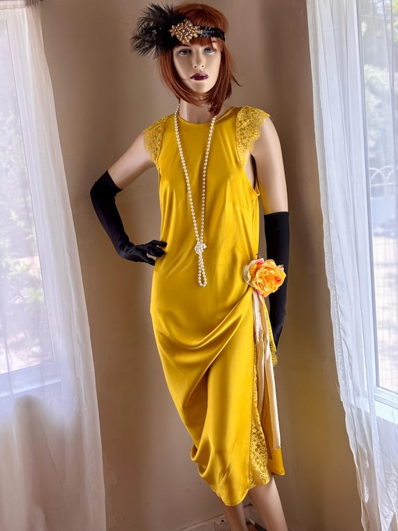 1920s Style Flapper Dress: Golden Chartreuse Satin, Size M 1920s Style Flapper Dress: Golden Chartreuse Satin, Size M
