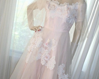 Vintage 1950s I Magnin Blush Pink Tulle Wedding Gown, Veil & Gloves - Size S