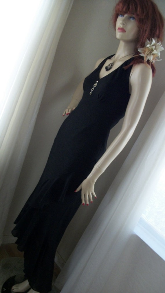 Vintage 1930s Style Goth Black Chiffon Halter Dre… - image 2