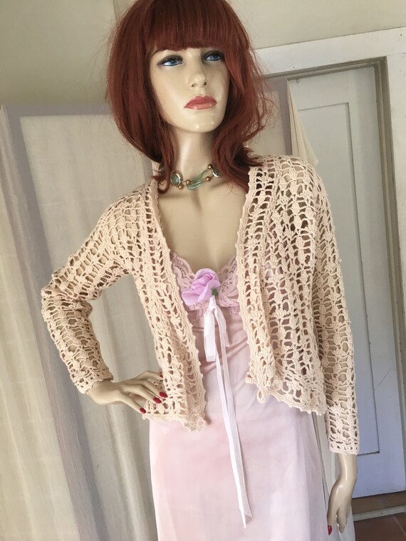 Beige Knit Crochet Bohemian Eyelet Patterned Long Sleeve Pullover Sweater main image 1