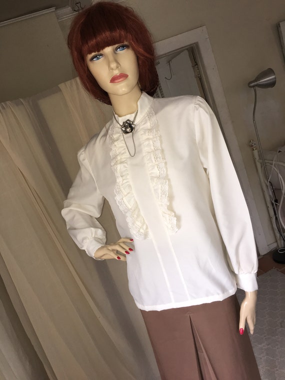 Vintage 1970s High Neck Ruffle Blouse  Size S/M E… - image 7