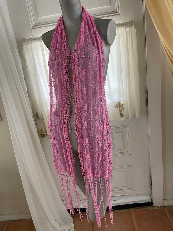 Hand Dyed Hot Barbie Pink Sheer Mesh Lacey Scarf … - image 3