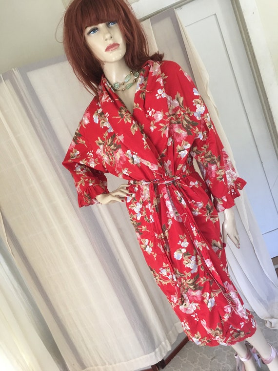 Vintage 1930s 1940s Style Red Floral Cotton Frock