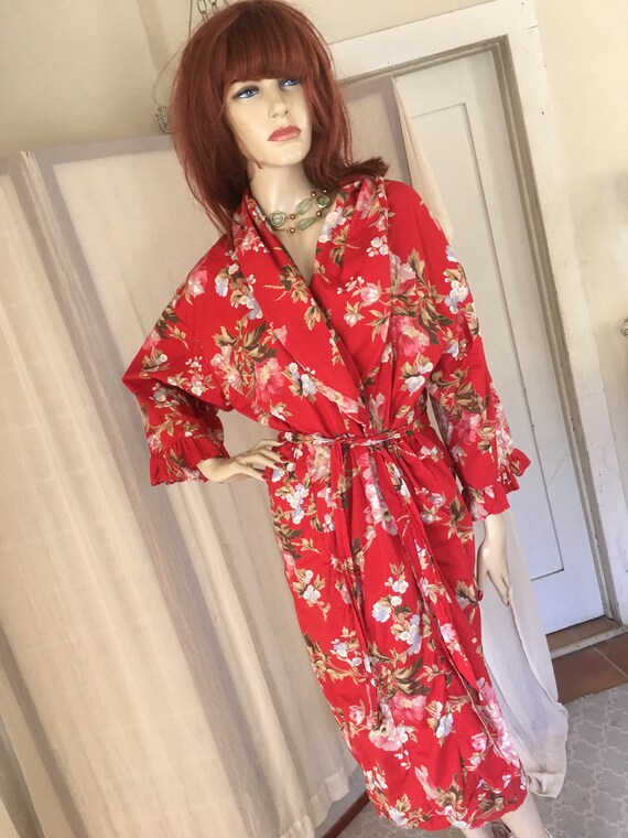 Vintage 1930s Floral Cotton Robe Duster: Red Froc… - image 3