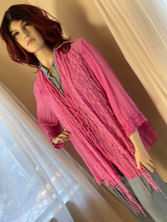 Hand Dyed Hot Barbie Pink Sheer Mesh Lacey Scarf … - image 4