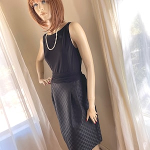 Vintage 1950s Black Cocktail Dress: Knit Bodice, Full Skirt, Size S/M