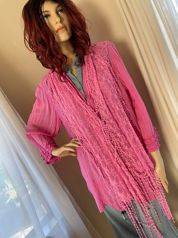 Hand Dyed Hot Barbie Pink Sheer Mesh Lacey Scarf … - image 5