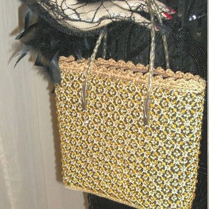 Vintage 1960s Gold Beaded Crochet Tote with Floral Design & Clear Handles
