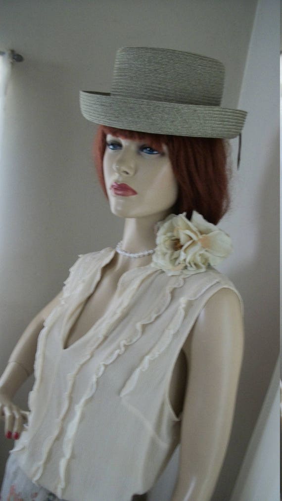 Vintage Edwardian Style Natural Straw Hat Khaki G… - image 2