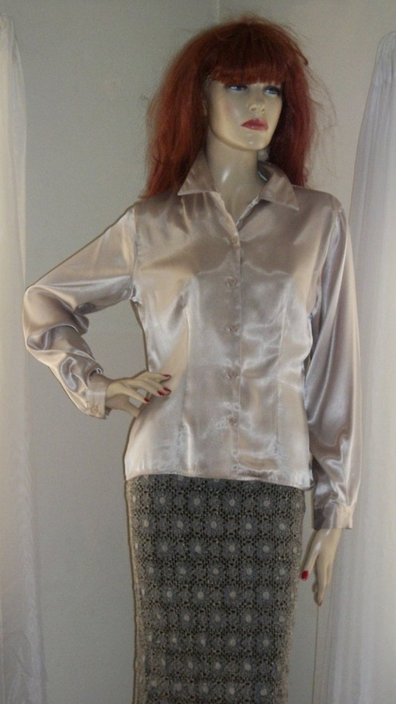 1930s Style Vintage Silky Satiny Taupe Blouse 1970