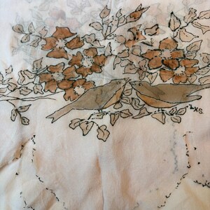 As-Is Antique 1930s Sheer Silk Blush Pink Scarf with Embroidery and Hand Painted Birds Initialled Artwork Lovely and Exquisite