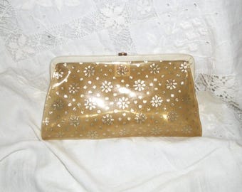 Pochette en plastique transparent des années 50 : sac à main vintage flocon de neige argenté