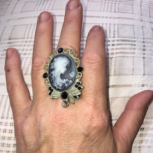 Vintage 1970s Black Ornate Cameo Ring Goth Adjustable Huge One Size Fits Most
