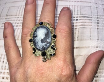 Vintage 1970s Black Ornate Cameo Ring Goth Adjustable Huge One Size Fits Most