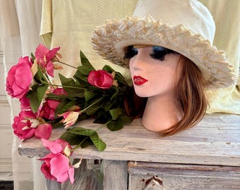 Vintage 1950s Straw Cloche Hat: Woven Ribbon & Silk Flapper Style