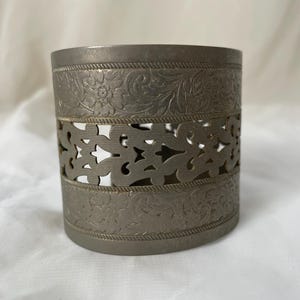 Vintage Floral Pewter Cuff Bracelet: Ornate 1960s Pirate Jewelry