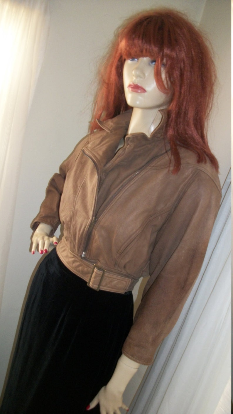 Vintage 80s Brown Leather Scully Label Shortie Motorcycle Jacket Bolero Size SM Belted
