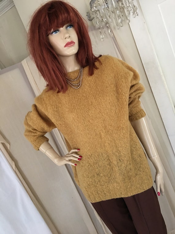 Vintage 1960s Handknit Lacey Golden Mohair Sweater