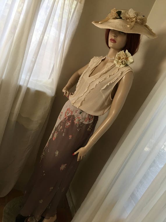 Vintage Edwardian Style Chiffon Floral Maxi Skirt… - image 9
