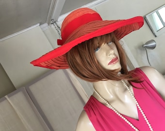 Vintage Huge Tomato Red Wide Brim Paper Straw Hat Scarlett O'Hara Southern Belle Style One Size Fits Most