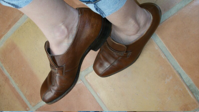 Vintage 60s 70s Mens Caramel Brown Leather Classic Loafers Size 8 12D Womens Size 9 12M