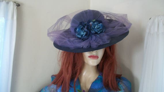 1940s 1950s Vintage Natural Navy Straw Wide Brim H