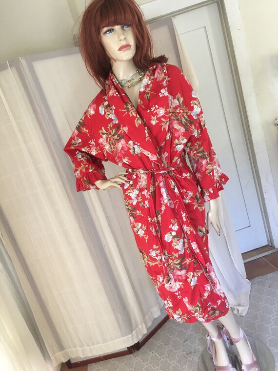 Vintage 1930s Floral Cotton Robe Duster: Red Froc… - image 2