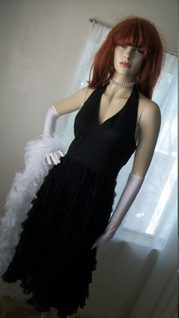 Vintage 1930s Style Black Silk Chiffon Halter Dres