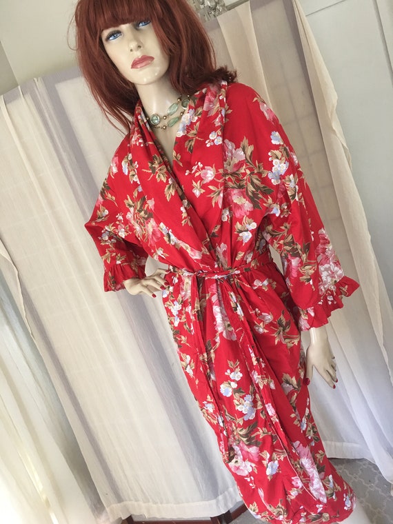 Vintage 1930s Floral Cotton Robe Duster: Red Froc… - image 7