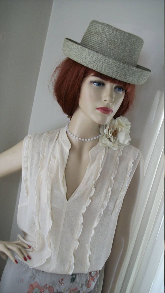 Vintage Edwardian Style Natural Straw Hat Khaki G… - image 3