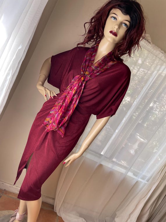 jersey dress vintage Vintage 1920s 1930s Style Cranberry Jersey Dress with Scarf (Size S/M)