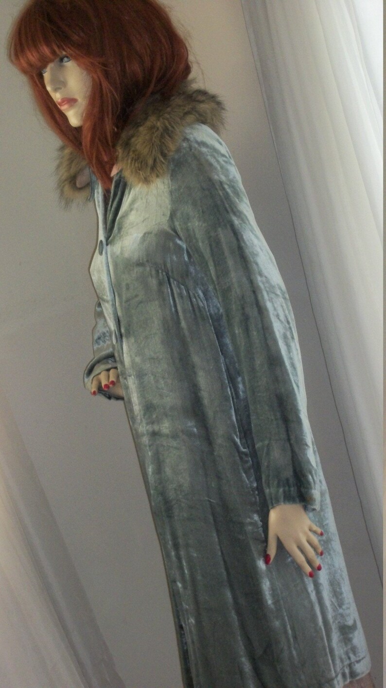 Vintage 1920s Style Flapper Coat Replica Velvet Seafoam Green Size M Removeable Faux Fur Collar