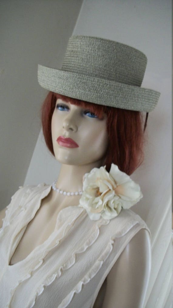 Vintage Edwardian Style Natural Straw Hat Khaki G… - image 4